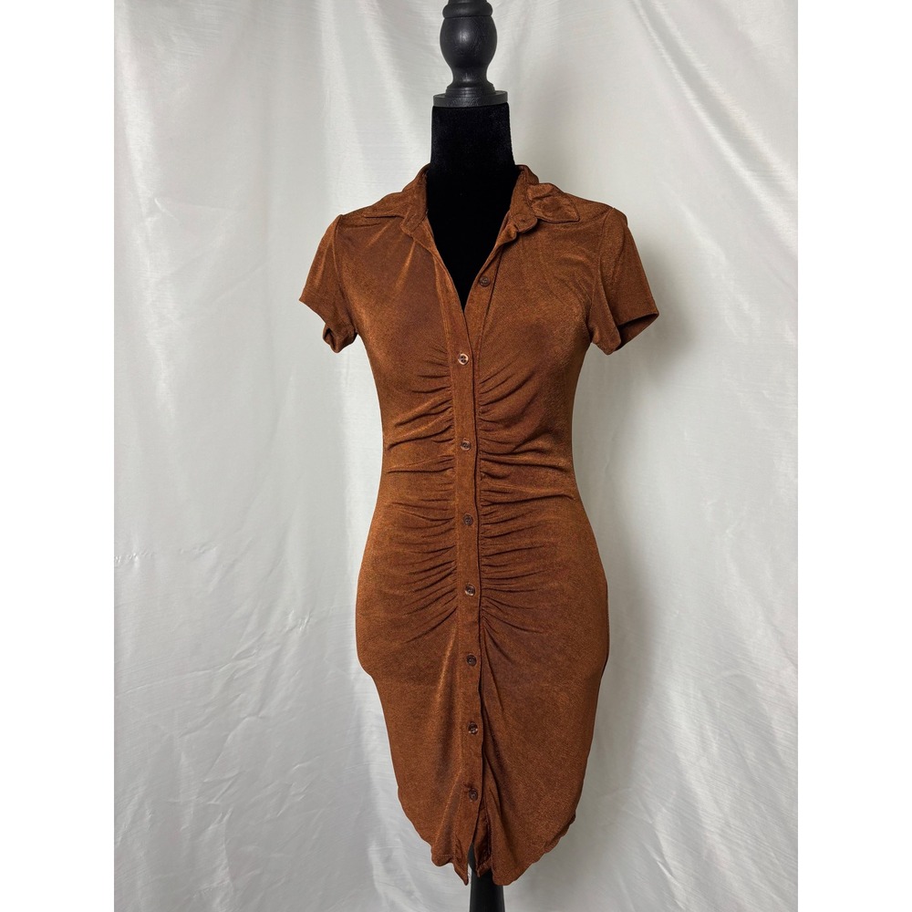 Just Polly New York Copper Rust Ruched Button Front Mini Dress Small Metallic